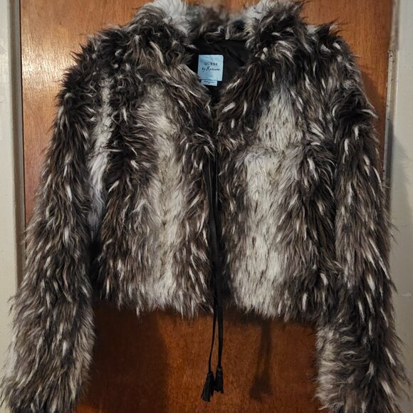 Vintage M Guess By Marciano Boho Festival Rave Black White Faux Fur Coat Tassels - Picture 1 of 9